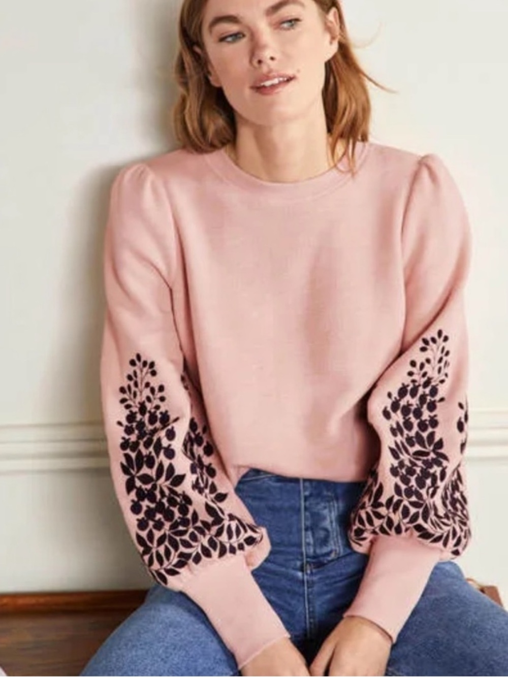 Boden Pink Puff Sleeve Sweatshirt with Black Floral Sleeve Detail - Picture 9 of 9